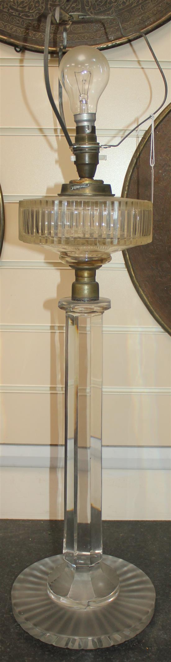 A tall Edwardian cut and frosted glass oil lamp base, 73.5cm to top of fittings